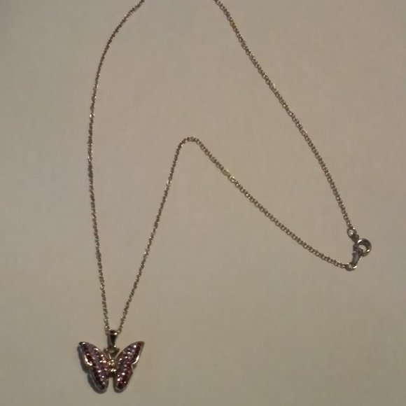 Silver Butterfly Necklace Stones Pink Burgundy 2 Shades Of Purple Hangs 9 1/2" N - Picture 1 of 4